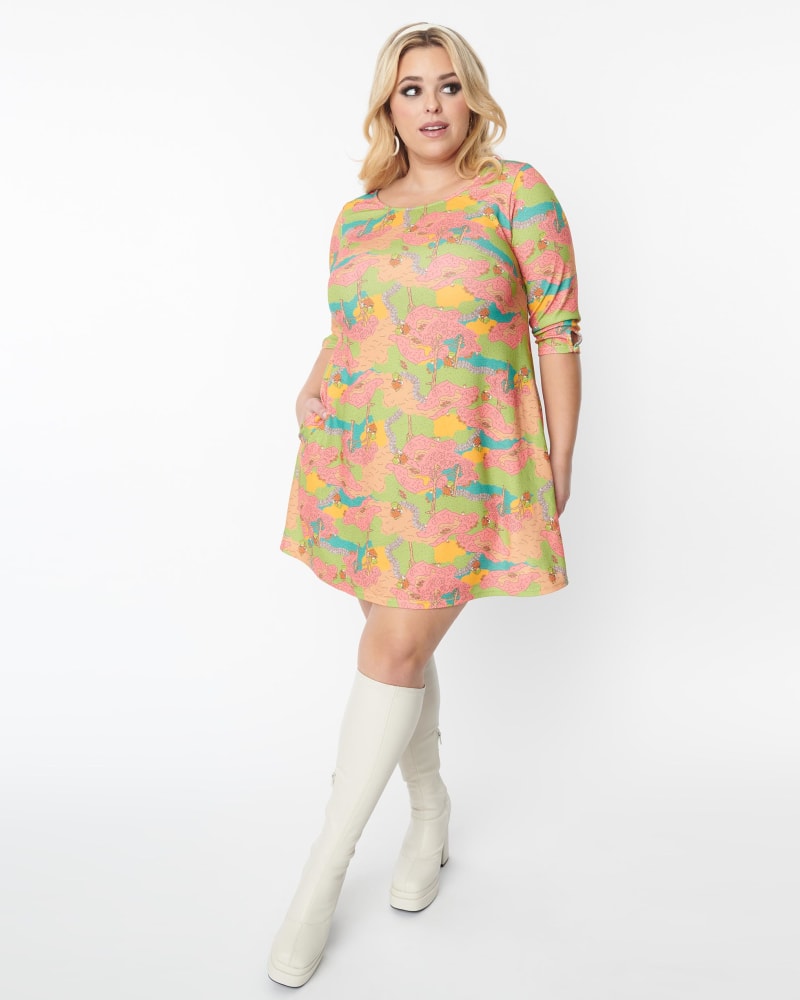 Front of a model wearing a size 1X/16 Smak Parlour Plus Size Frog in the Park Print Cosmic Shift Dress in Frog in the Park Print by Smak Parlour. | dia_product_style_image_id:269336